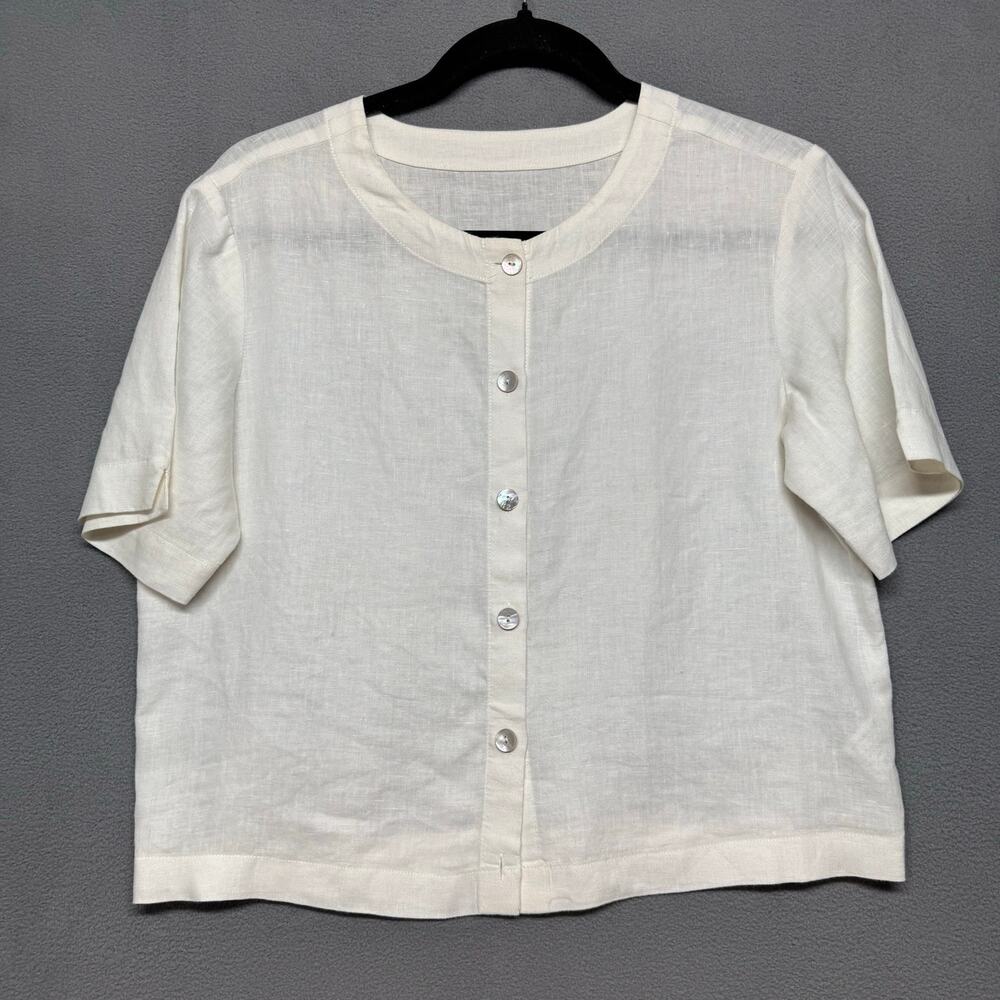 Linen Short Sleeve Cropped Top Short Sleeve Minimalist Casual White *no size